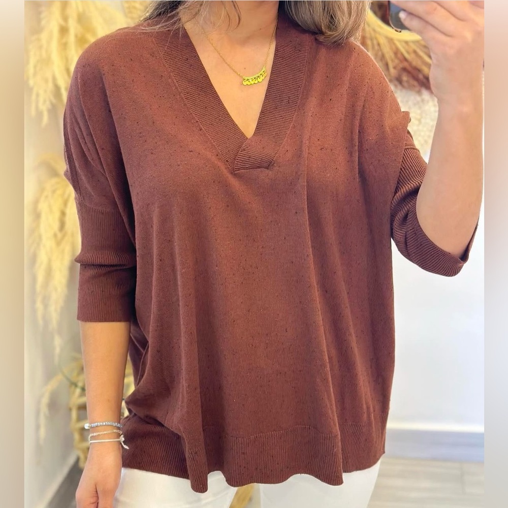 Loft v-neck sweater brown/rust with dark fleck throughout medium